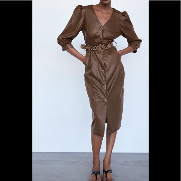 Black Brown Leather Zara Ruched Faux Leather Dress ZARA Khaki Green Faux  Leather Shirt Dress With